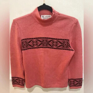 St. John Collection Marie Gray Salmon Mock Neck Sweater Black Scroll Small
